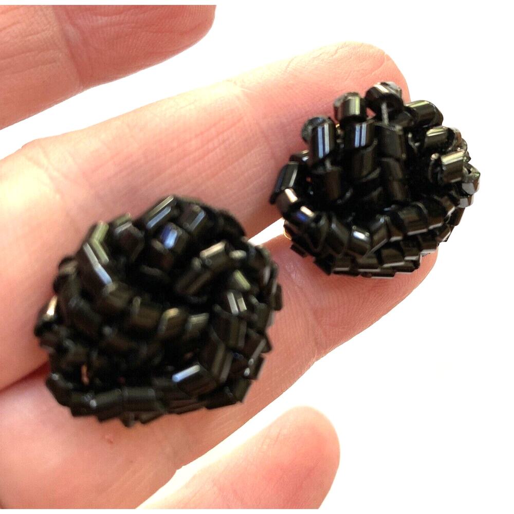 Vintage clip on earrings black beaded strands wrap clusters elegant mid century